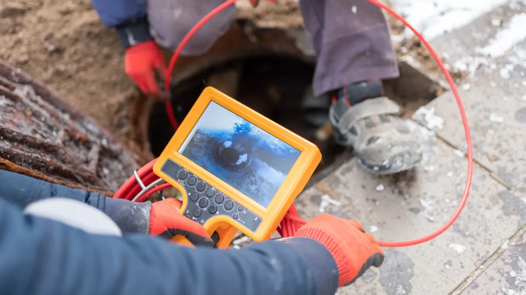 Plumbers Checking Sewer Manhole With Borescope Inspection Camera